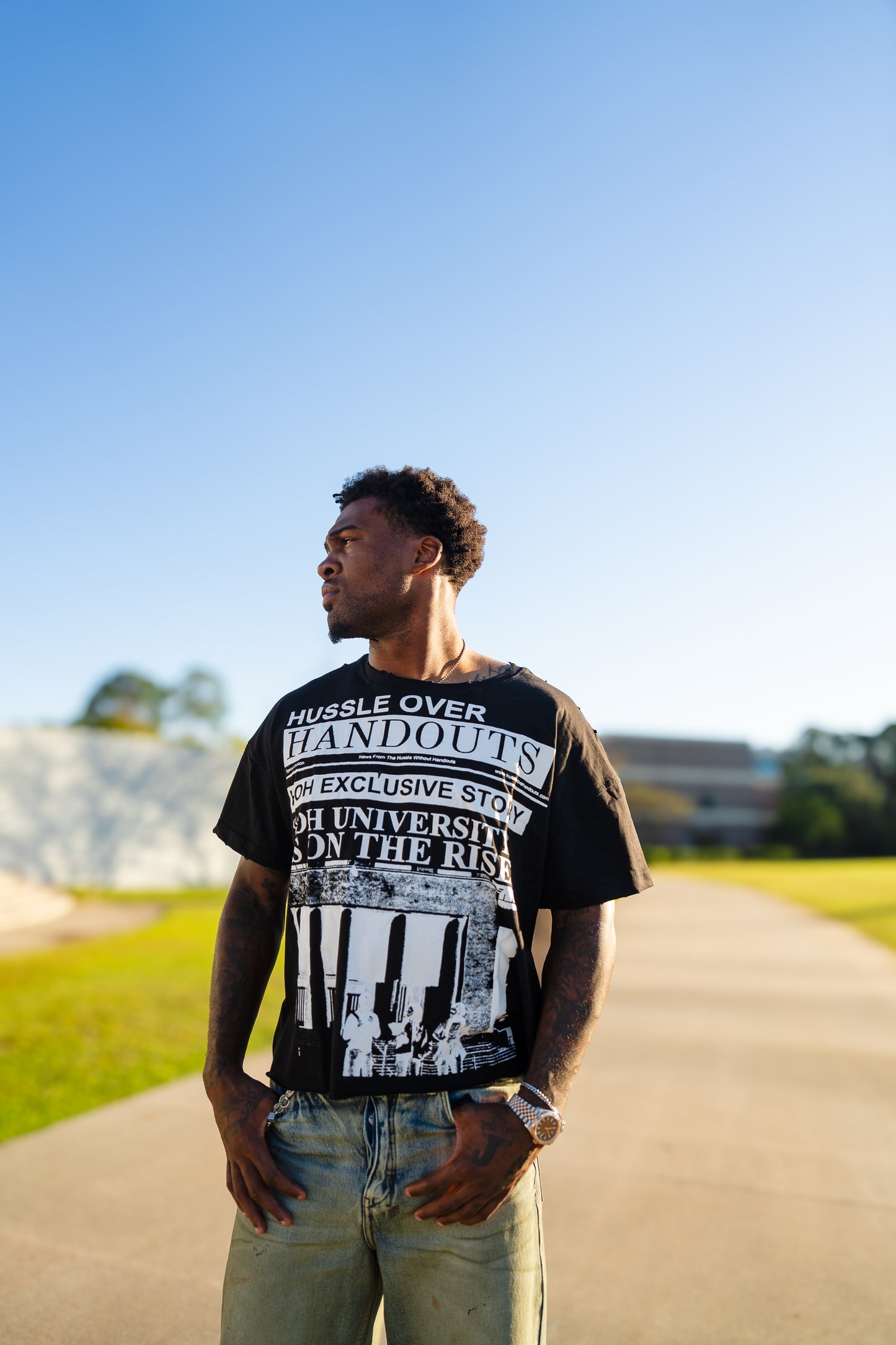 Distressed "HOH UNIVERSITY" Cropped Tee (BLACK)